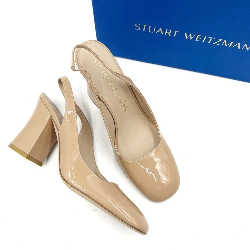 Stuart Weitzman Curveblock 85 Slingback Pumps Beige Patent Leather Heels 10.5